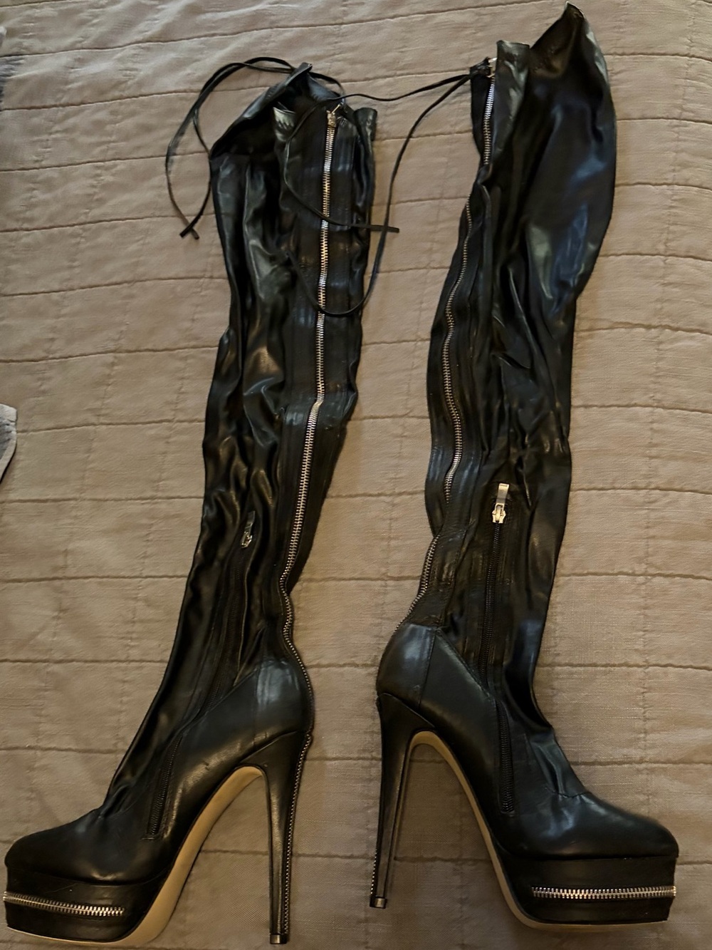 Black Over-the-Knee Stiletto Boots with Zip Detail - Women